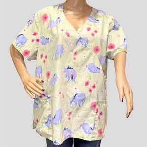 Disney Eeyore Flowers Bees Faux Wrap Scrub Top Shirt Mint Green Size XL VGC